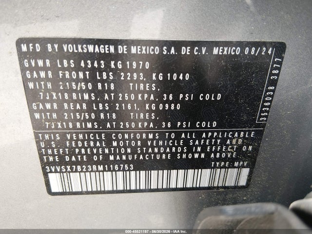 Aukcja sprzedaży 2024 Volkswagen Taos 1.5t Se, vin: 3VVSX7B23RM116753, numer aukcji: 45521197