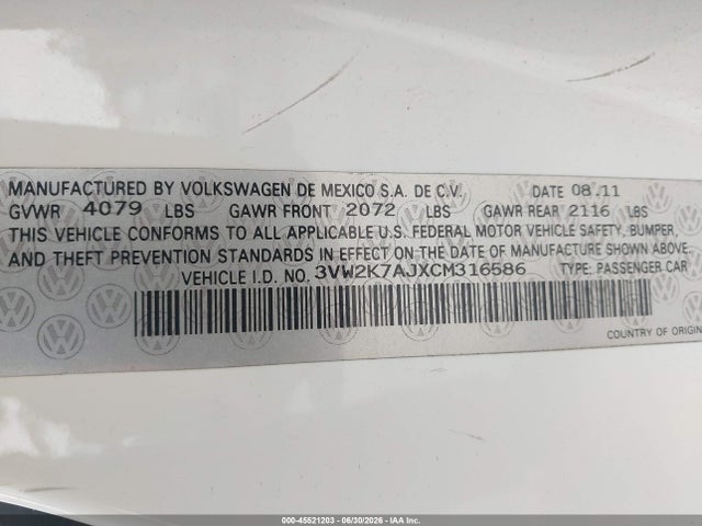 Продаж на аукціоні авто 2012 Volkswagen Jetta 2.0l S, vin: 3VW2K7AJXCM316586, номер лоту: 45521203