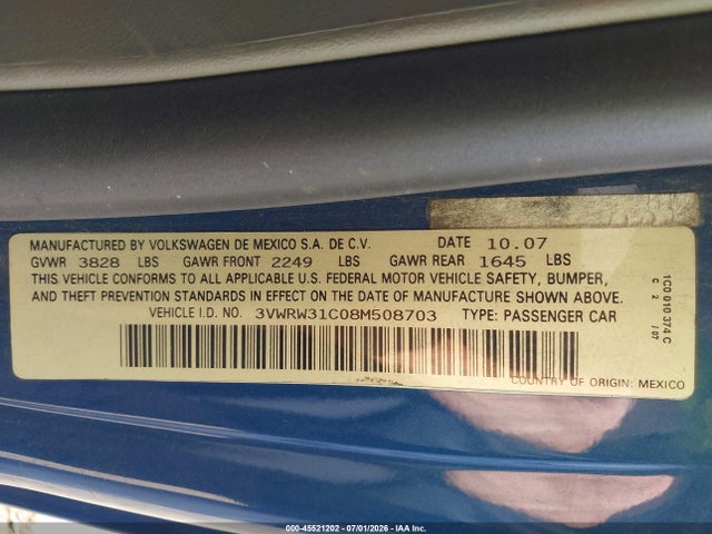 Продаж на аукціоні авто 2008 Volkswagen New Beetle S/se, vin: 3VWRW31C08M508703, номер лоту: 45521202