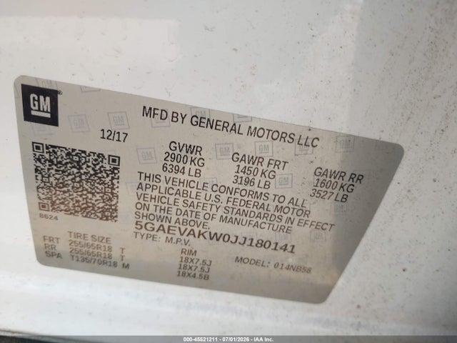 2018 Buick Enclave Essence მანქანა იყიდება აუქციონზე, vin: 5GAEVAKW0JJ180141, აუქციონის ნომერი: 45521211