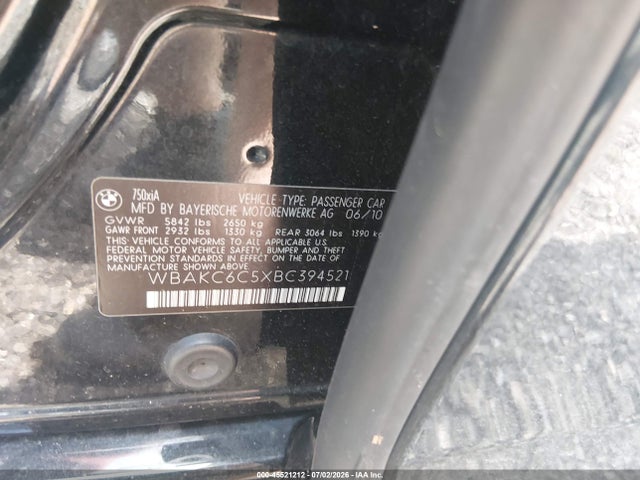 45521212 :رقم المزاد ، WBAKC6C5XBC394521 vin ، 2011 Bmw 750i Xdrive مزاد بيع