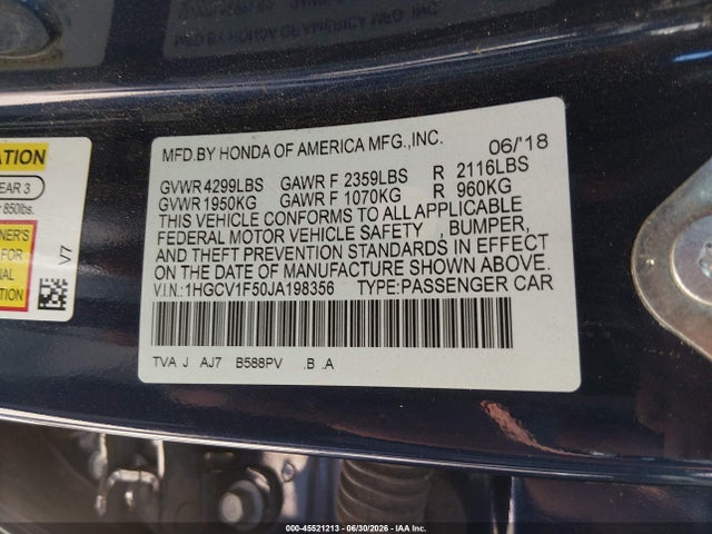 Honda Accord Ex-l 2018 1HGCV1F50JA198356 Image 9