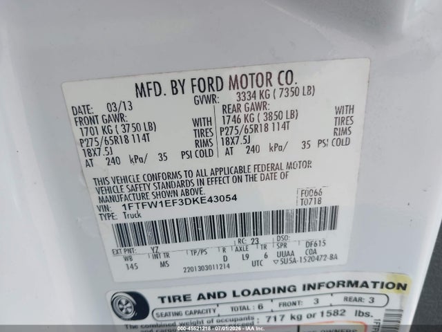 Aukcja sprzedaży 2013 Ford F-150 Fx4/king Ranch/lariat/platinum/xl/xlt, vin: 1FTFW1EF3DKE43054, numer aukcji: 45521218
