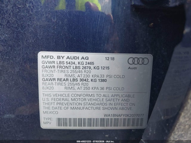 45521223 :رقم المزاد ، WA1BNAFY0K2037077 vin ، 2019 Audi Q5 45 Premium مزاد بيع