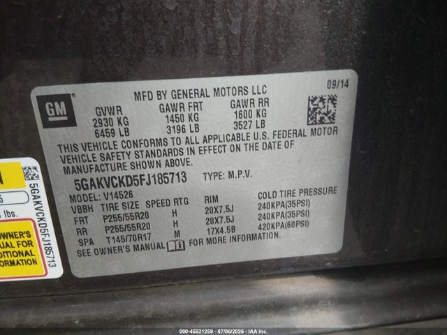2015 Buick Enclave Premium მანქანა იყიდება აუქციონზე, vin: 5GAKVCKD5FJ185713, აუქციონის ნომერი: 45521259
