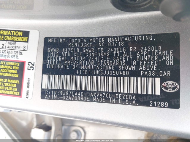4T1B11HK5JU090480 Toyota CAMRY XLE