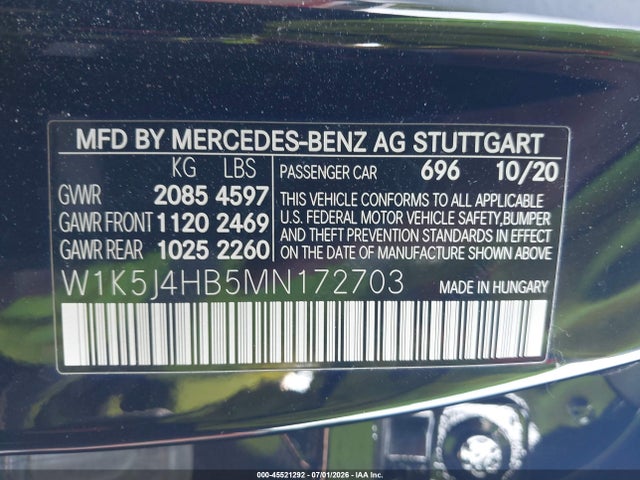 Продаж на аукціоні авто 2021 Mercedes-benz Cla 250 4matic, vin: W1K5J4HB5MN172703, номер лоту: 45521292