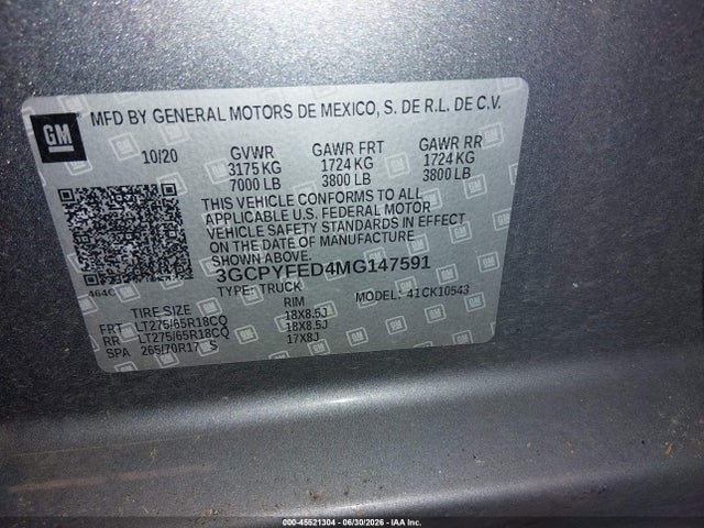 Продаж на аукціоні авто 2021 Chevrolet Silverado 1500 4wd  Short Bed Lt Trail Boss, vin: 3GCPYFED4MG147591, номер лоту: 45521304