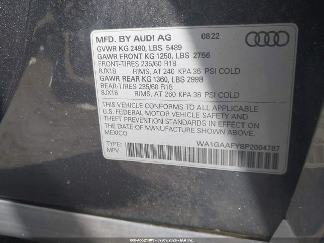 45521303 :رقم المزاد ، WA1GAAFY8P2004787 vin ، 2023 Audi Q5 Premium 45 Tfsi S Line Quattro مزاد بيع