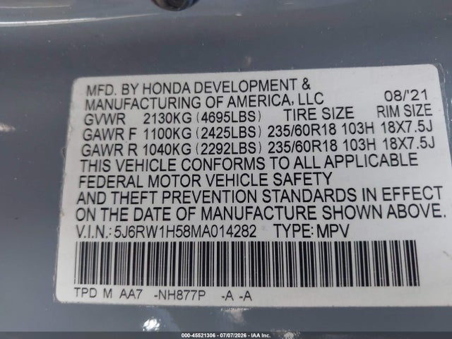 45521306 :رقم المزاد ، 5J6RW1H58MA014282 vin ، 2021 Honda Cr-v 2wd Ex مزاد بيع