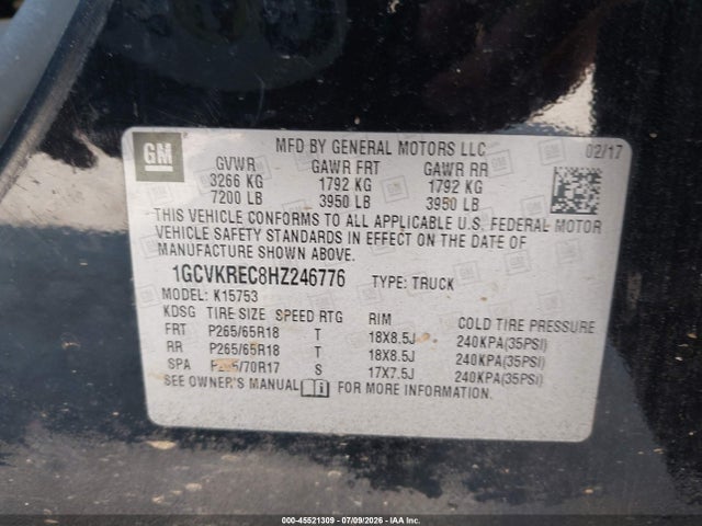 45521309 :رقم المزاد ، 1GCVKREC8HZ246776 vin ، 2017 Chevrolet Silverado 1500 Lt مزاد بيع