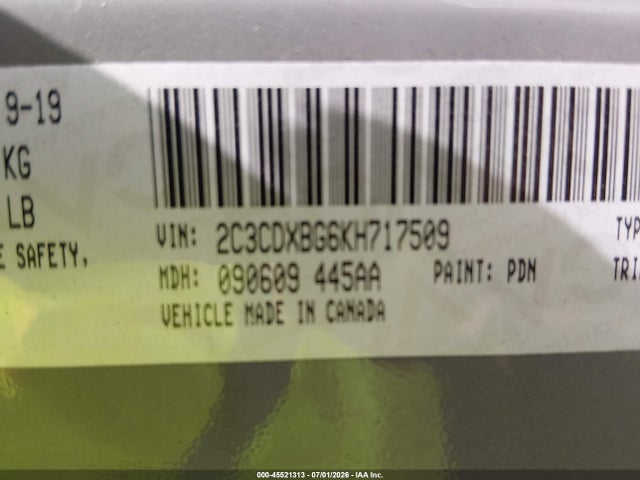 45521313 :رقم المزاد ، 2C3CDXBG6KH717509 vin ، 2019 Dodge Charger Sxt Rwd مزاد بيع