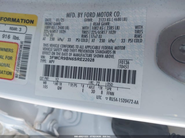 Aukcja sprzedaży 2025 Ford Bronco Sport Big Bend, vin: 3FMCR9BN6SRE22028, numer aukcji: 45521323
