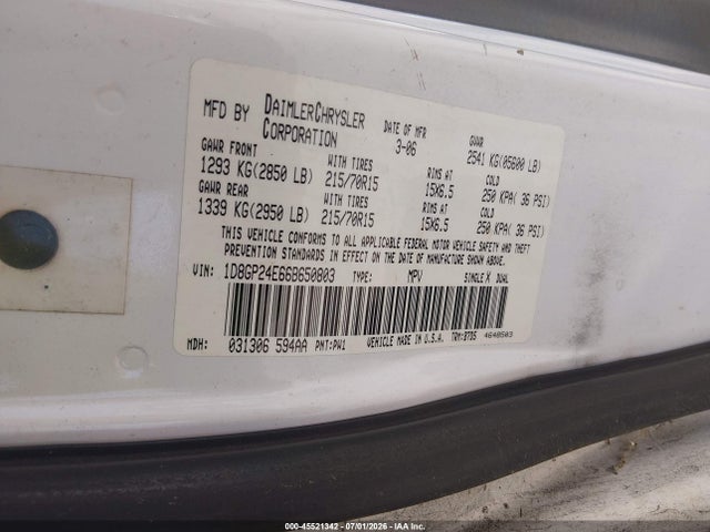 Продаж на аукціоні авто 2006 Dodge Grand Caravan Se, vin: 1D8GP24E66B650803, номер лоту: 45521342