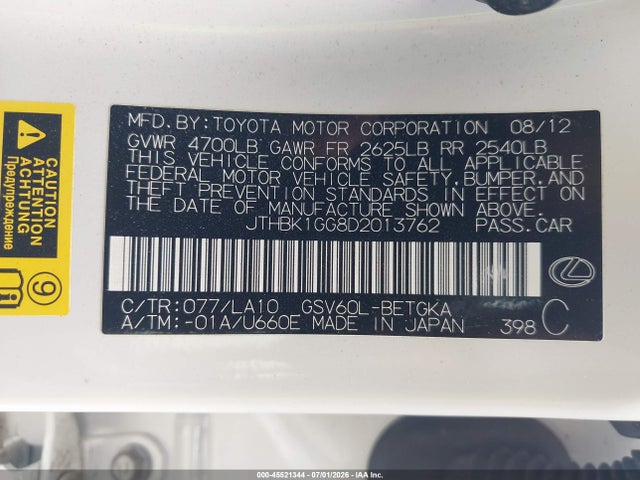 45521344 :رقم المزاد ، JTHBK1GG8D2013762 vin ، 2013 Lexus Es 350 مزاد بيع