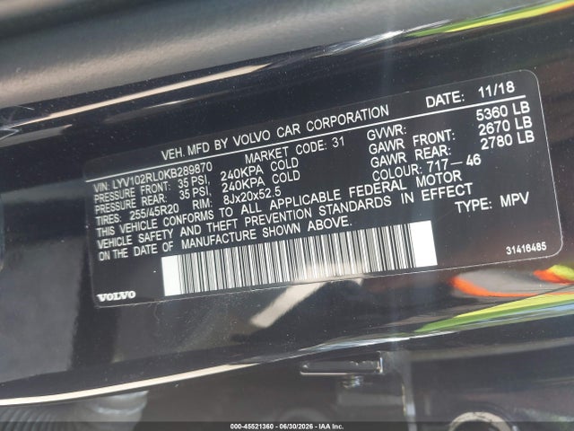 45521360 :رقم المزاد ، LYV102RL0KB289870 vin ، 2019 Volvo Xc60 T5 Inscription مزاد بيع