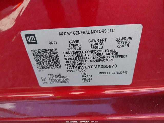 2021 Gmc Sierra 3500hd 4wd  Standard Bed Denali მანქანა იყიდება აუქციონზე, vin: 1GT49WEY0MF255873, აუქციონის ნომერი: 45521362