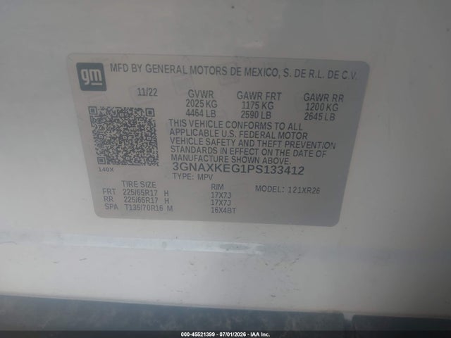 Aukcja sprzedaży 2023 Chevrolet Equinox Fwd Lt, vin: 3GNAXKEG1PS133412, numer aukcji: 45521399