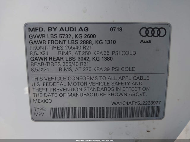 45521400 :رقم المزاد ، WA1C4AFY5J2223977 vin ، 2018 Audi Sq5 3.0t Premium Plus مزاد بيع