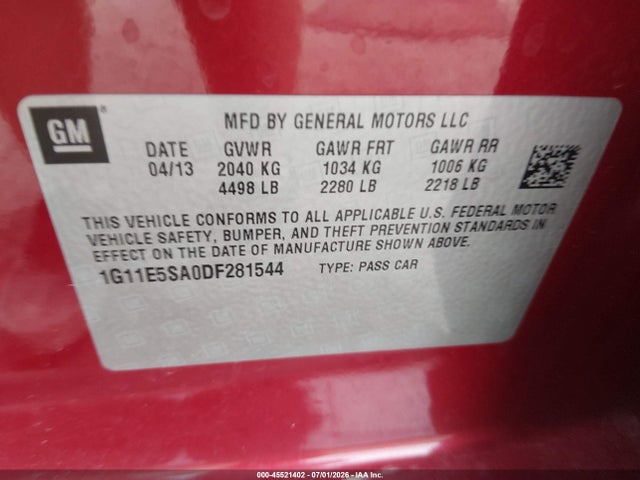 Продажа на аукционе авто 2013 Chevrolet Malibu 2lt, vin: 1G11E5SA0DF281544, номер лота: 45521402