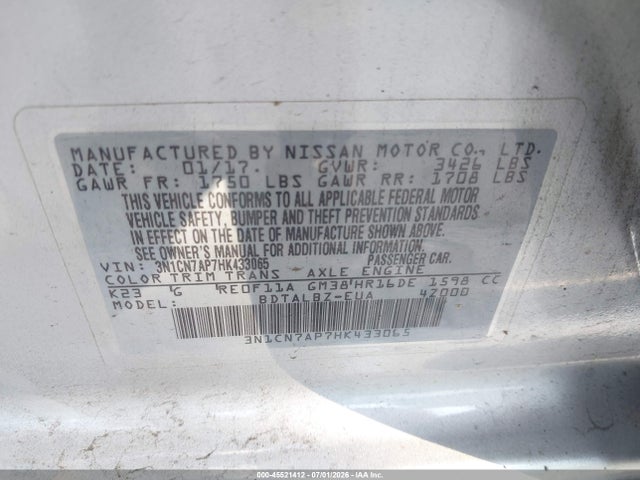 3N1CN7AP7HK433065 Nissan Versa 1.6 Sv