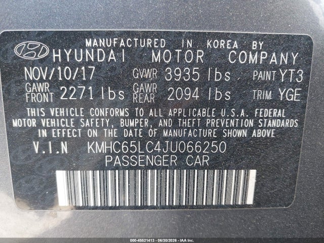 KMHC65LC4JU066250 Hyundai Ioniq Hybrid Blue