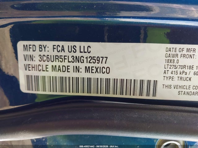 Aukcja sprzedaży 2022 Ram 2500 Laramie  4x4 6'4 Box, vin: 3C6UR5FL3NG125977, numer aukcji: 45521442