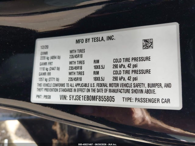 45521467 :رقم المزاد ، 5YJ3E1EB0MF855805 vin ، 2021 Tesla Model 3 Long Range Dual Motor All-wheel Drive مزاد بيع