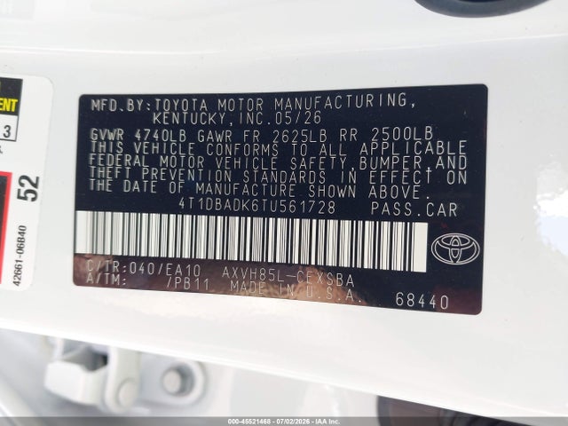 Aukcja sprzedaży 2026 Toyota Camry Se, vin: 4T1DBADK6TU561728, numer aukcji: 45521468