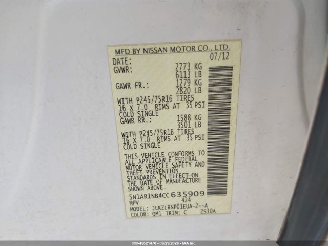 Aukcja sprzedaży 2012 Nissan Pathfinder S, vin: 5N1AR1NB4CC635909, numer aukcji: 45521470