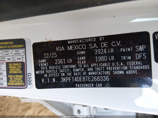 Продажа на аукционе авто 2026 Kia K4 Lxs, vin: 3KPFT4DE8TE268336, номер лота: 45521476