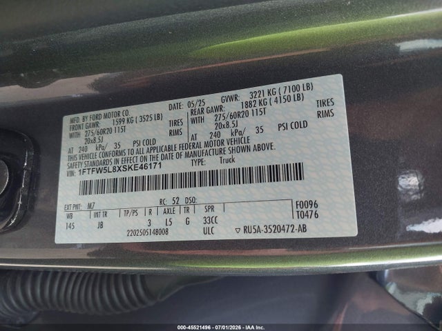 45521496 :رقم المزاد ، 1FTFW5L8XSKE46171 vin ، 2025 Ford F-150 Lariat مزاد بيع