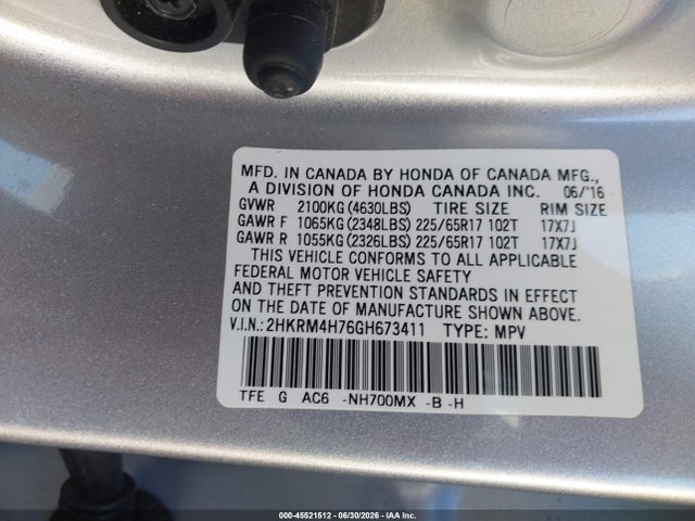 2HKRM4H76GH673411 Honda Cr-v Ex-l