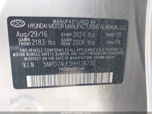 Aukcja sprzedaży 2017 Hyundai Elantra Se, vin: 5NPD74LF3HH126730, numer aukcji: 45521521