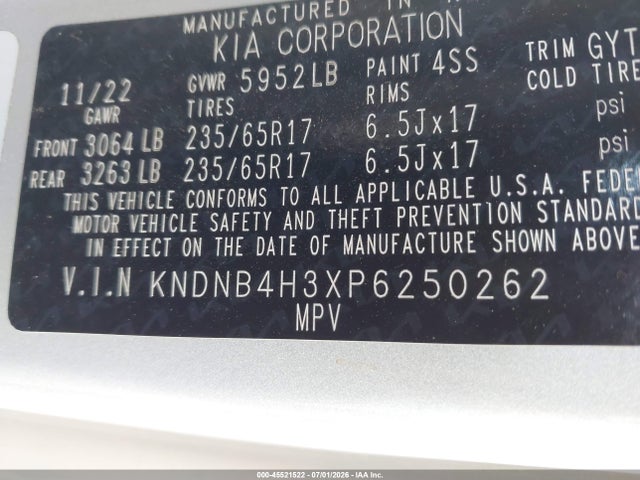 2023 Kia Carnival Mpv Lx Seat Package მანქანა იყიდება აუქციონზე, vin: KNDNB4H3XP6250262, აუქციონის ნომერი: 45521522