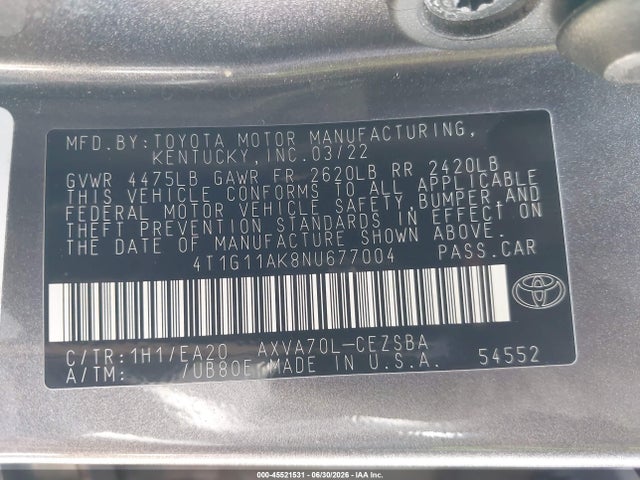 Toyota CAMRY SE 2022 4T1G11AK8NU677004 Image 9