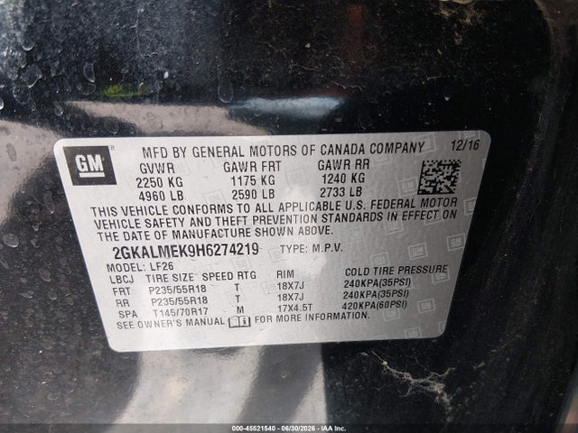 Aukcja sprzedaży 2017 Gmc Terrain Sle-1, vin: 2GKALMEK9H6274219, numer aukcji: 45521540