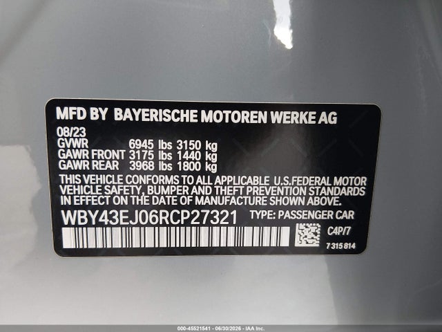 Продаж на аукціоні авто 2024 Bmw I7 Edrive50, vin: WBY43EJ06RCP27321, номер лоту: 45521541