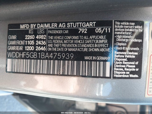 45521559 :رقم المزاد ، WDDHF5GB1BA475939 vin ، 2011 Mercedes-benz E 350 مزاد بيع