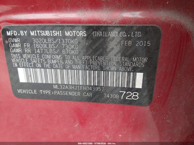 Продаж на аукціоні авто 2015 Mitsubishi Mirage De, vin: ML32A3HJ1FH043957, номер лоту: 45521568