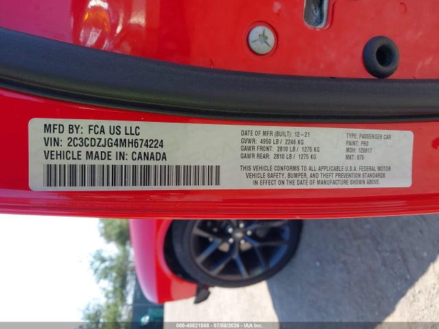 Aukcja sprzedaży 2021 Dodge Challenger Gt, vin: 2C3CDZJG4MH674224, numer aukcji: 45521588