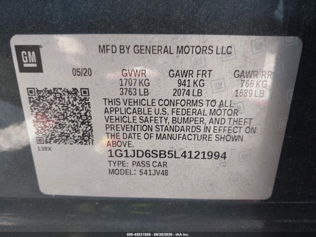 45521589 :رقم المزاد ، 1G1JD6SB5L4121994 vin ، 2020 Chevrolet Sonic Fwd  Lt 5-door مزاد بيع