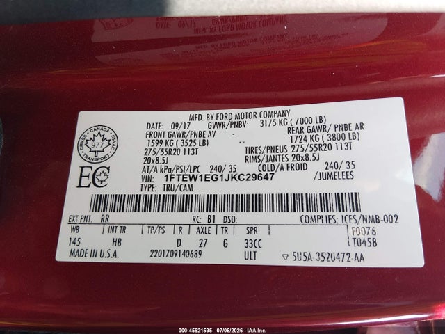 1FTEW1EG1JKC29647 Ford F-150 King Ranch/lariat/limited/platinum/xl/xlt
