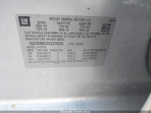 Aukcja sprzedaży 2014 Chevrolet Silverado 1500 Lt, vin: 1GCVKRECXEZ276230, numer aukcji: 45521599