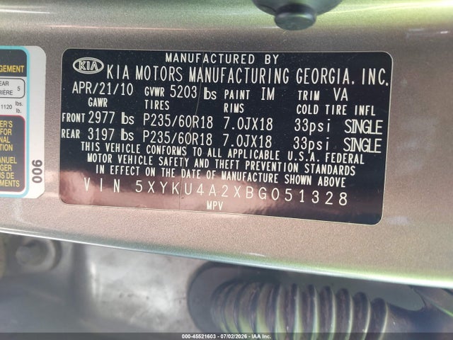 2011 Kia Sorento Ex V6 მანქანა იყიდება აუქციონზე, vin: 5XYKU4A2XBG051328, აუქციონის ნომერი: 45521603