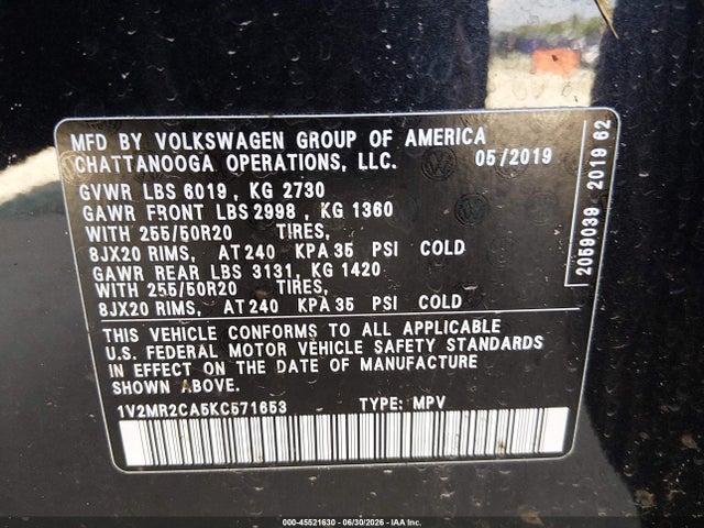 Продаж на аукціоні авто 2019 Volkswagen Atlas 3.6l V6 Sel, vin: 1V2MR2CA5KC571653, номер лоту: 45521630