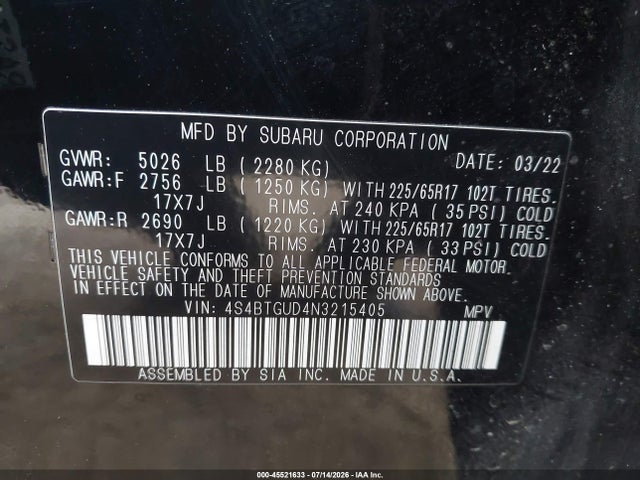 45521633 :رقم المزاد ، 4S4BTGUD4N3215405 vin ، 2022 Subaru Outback Wilderness مزاد بيع