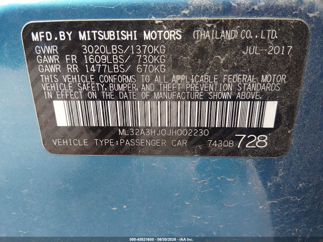 2018 Mitsubishi Mirage Es მანქანა იყიდება აუქციონზე, vin: ML32A3HJ0JH002230, აუქციონის ნომერი: 45521650