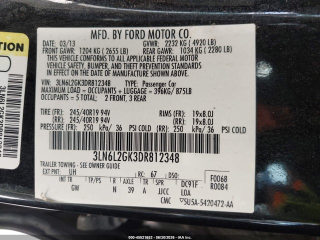 Aukcja sprzedaży 2013 Lincoln Mkz, vin: 3LN6L2GK3DR812348, numer aukcji: 45521652