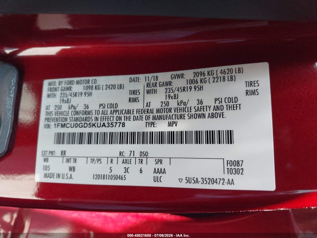 Ford ESCAPE SE 2019 1FMCU0GD5KUA35778 Image 9